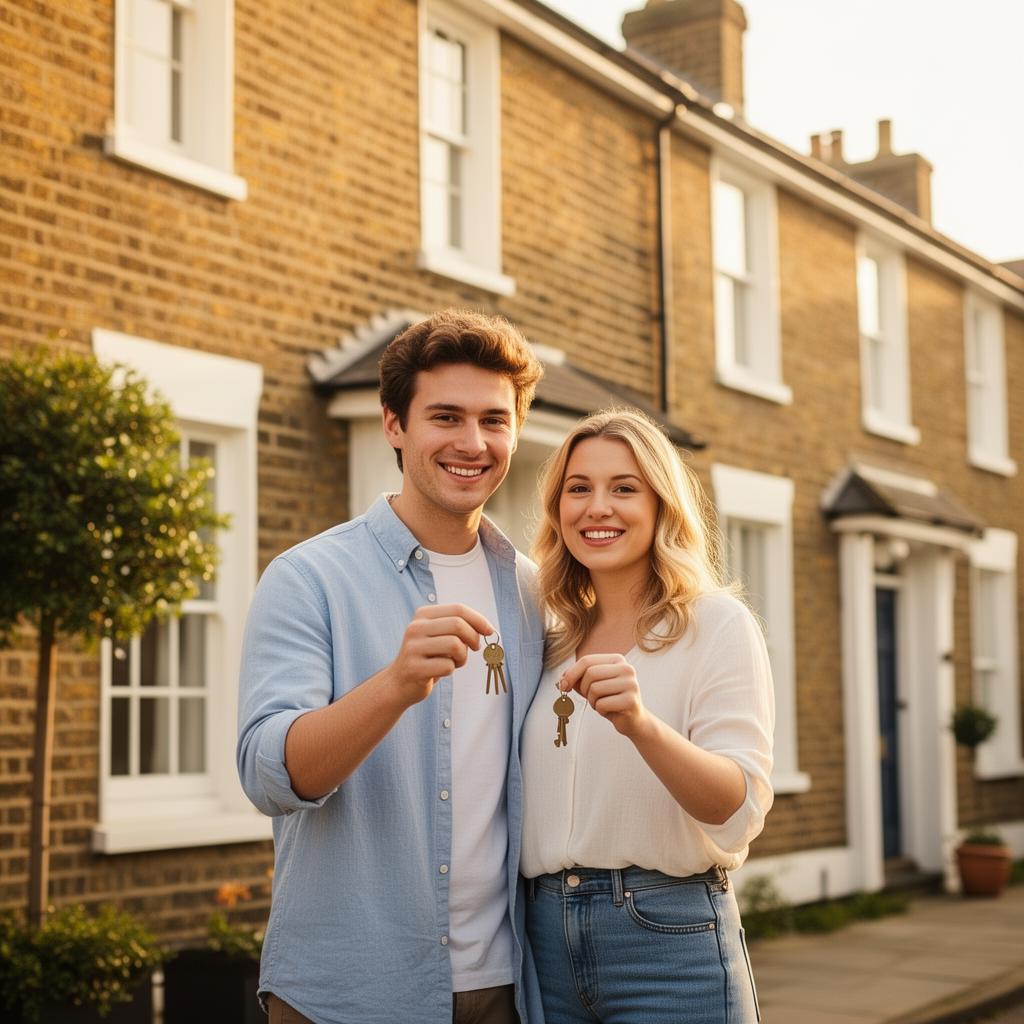 Young UK homeowners holding keys outside their new home
